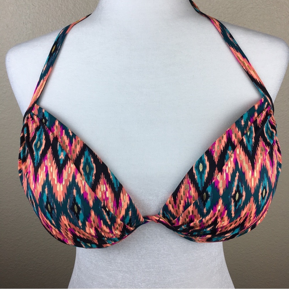 Push-Up Halter Bikini Top in Teal, Coral & Pink